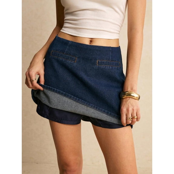 Womens Dark Wash Denim Skort With Built-In Shorts, Casual Style