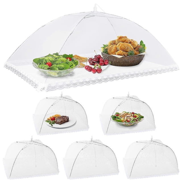 Foldable Fruit Fly Protection Cover for Food, 2 Sizes Reusable Insect Net with Stainless Steel Frame & Wide Lace Border