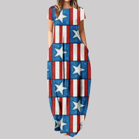 

Hvyesh Summer Dresses Women 2023 Casual Boho Maxi Dress Stars and Stripes Graphic Crewneck Sundresses Short Sleeve Comfortable Dresses Light Blue