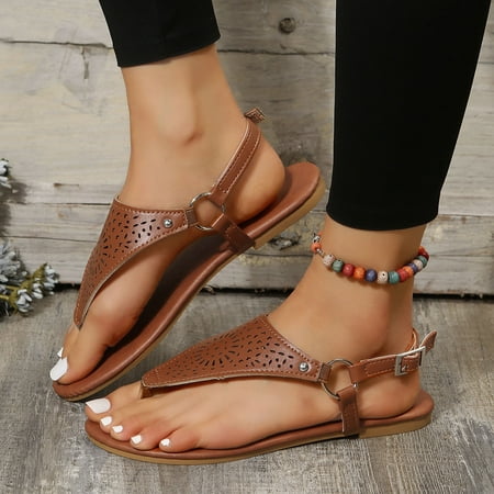 

bvgfsahne Women Summer Solid Color Hollow Buckle Strap Casual Open Toe Flat Soft Bottom Breathable Shoes Sandals