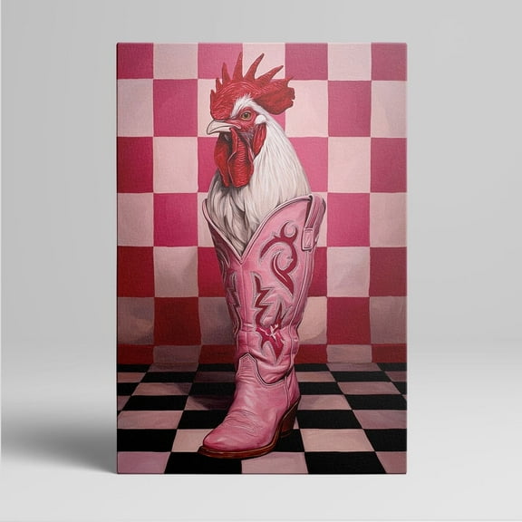 8x12inchx1pcs Funny Rooster Head Emerging from Pink Cowboy Boot Framed Wall Art Decor
