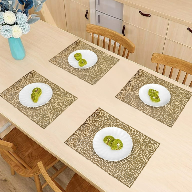 Gold Cutout Perforated Rectangular Placemats For Dining Table Pvc Pressed Heat Resistant Scratch Proof Easy To Care Mats Kitchen And Décor Set Of 6 Pieces Com Dining Table Pvc Pressed Heat Resistant, How To Make Dining Table Scratch Resistant