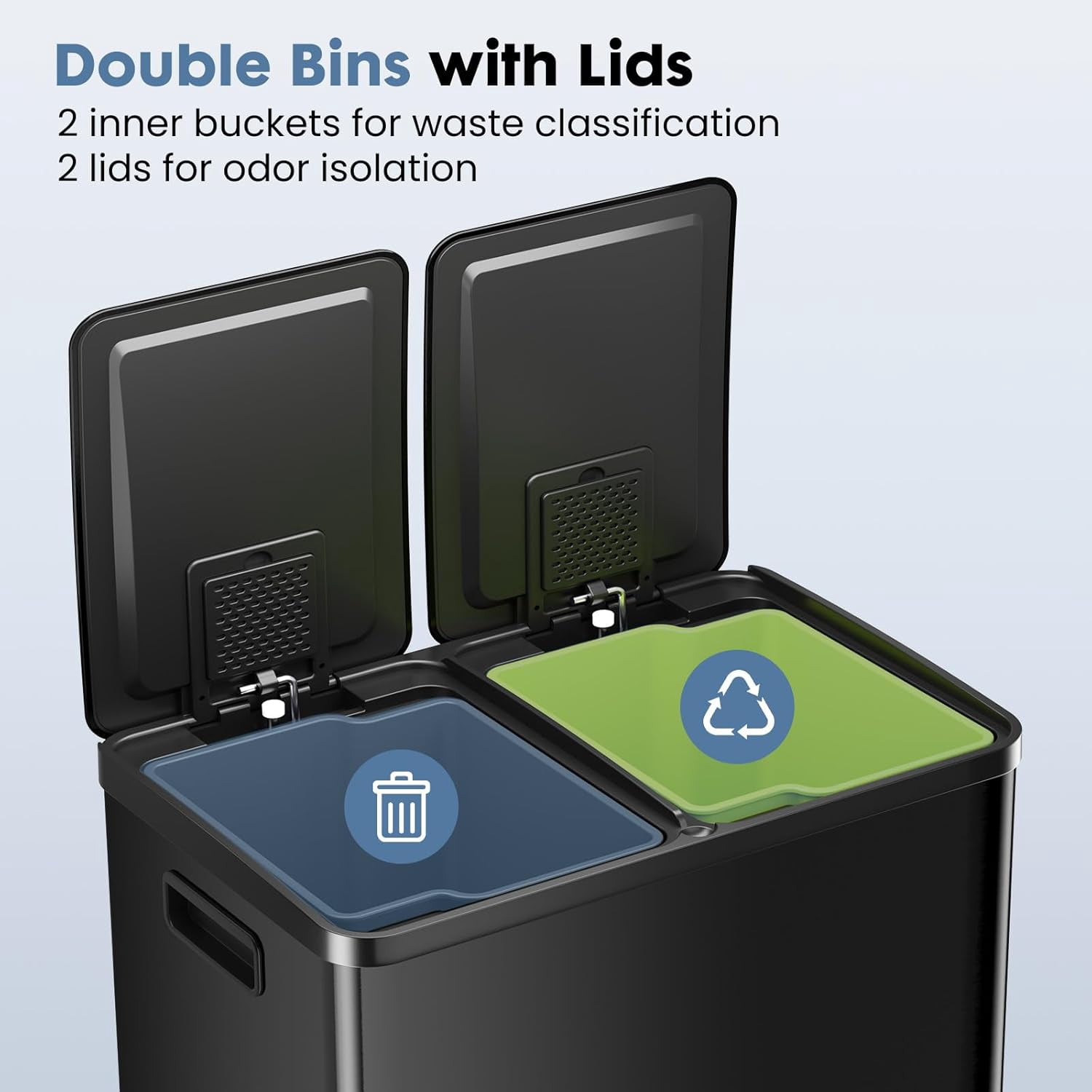 Dual Trash and Recycling Bins for Kitchen, 2x8-Gallon Dual Trash Can with Lid, Stainless Steel Garbage Bin with 2 Removable Inner Buckets, for Kitchen, Home, Matte Black