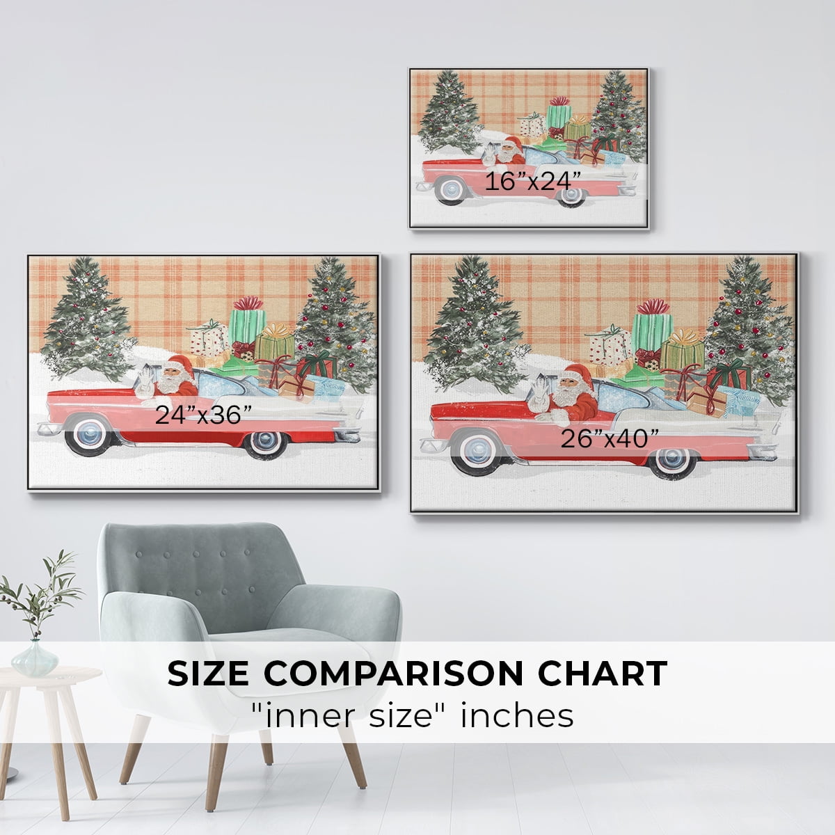 Santa on Wheels II - Framed Gallery Wrapped Holiday Canvas - 27 x 41 - White Frame