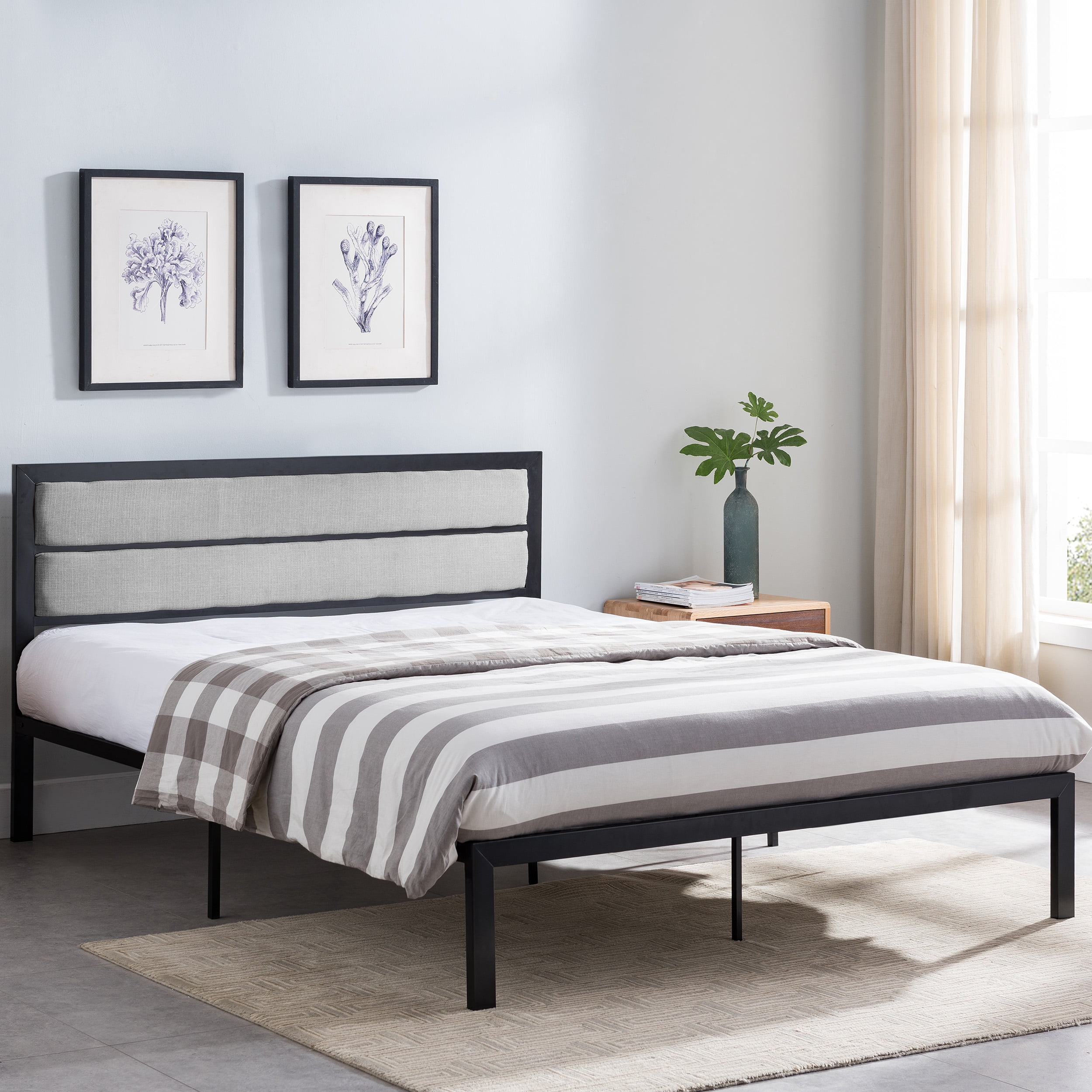 Kiran Contemporary Iron Queen Bed Frame with Upholstered Accents, Flat