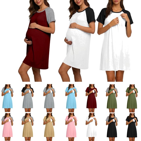 QIUOMBBP Color Block Nursing Dress for Women Short Sleeve Crewneck Maternity Dress Summer Loose Dresses White XXL