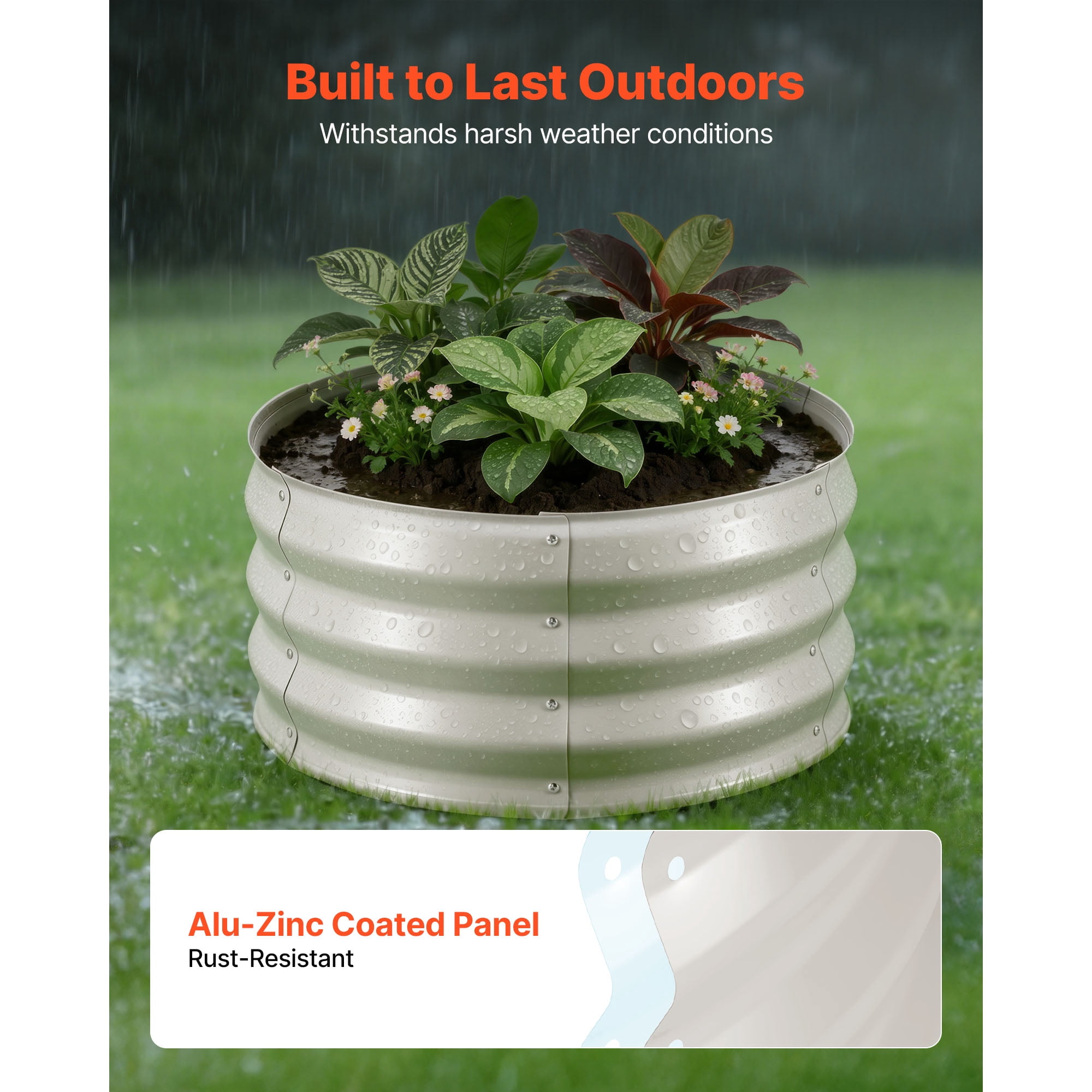 KFFKFF Set of 3 Galvanized Metal Raised Garden Beds, 2 x 2 x 1 ft, Round Planter Boxes for Outdoor Use, Bottomless Design with Gloves, Alu-Zinc Material, Ideal for Growing Flowers, Vegetables, Beige