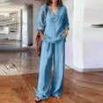 thumbnail image 6 of Guieoi Matching Outfits for Women Solid-Color Cotton-Linen Wide-leg Pants Set V-neck Button-down Long-sleeve Loose-fit Top + High-waisted Pants Two-Piece Set Blue M, 6 of 9
