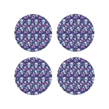 

Matuu Skull Purple Flower for Cup Coasters Set of 4 Leather Coasters Desk Coasters for Office Measures 4” x 4”-Round Shape