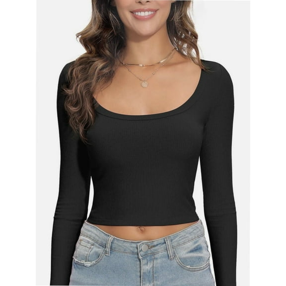 Womens Long Sleeve Shirts Square Neck Tops Fitted Casual Basic Tees Slim Fit Fall Outfits Fashion Clothes