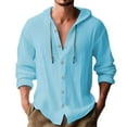 thumbnail image 1 of Camisa de lino con botones y capucha para hombre: manga larga, lengüetas para remangar, botones de madera, ropa de playa/casual, tallas S-XXXL, 1 of 8