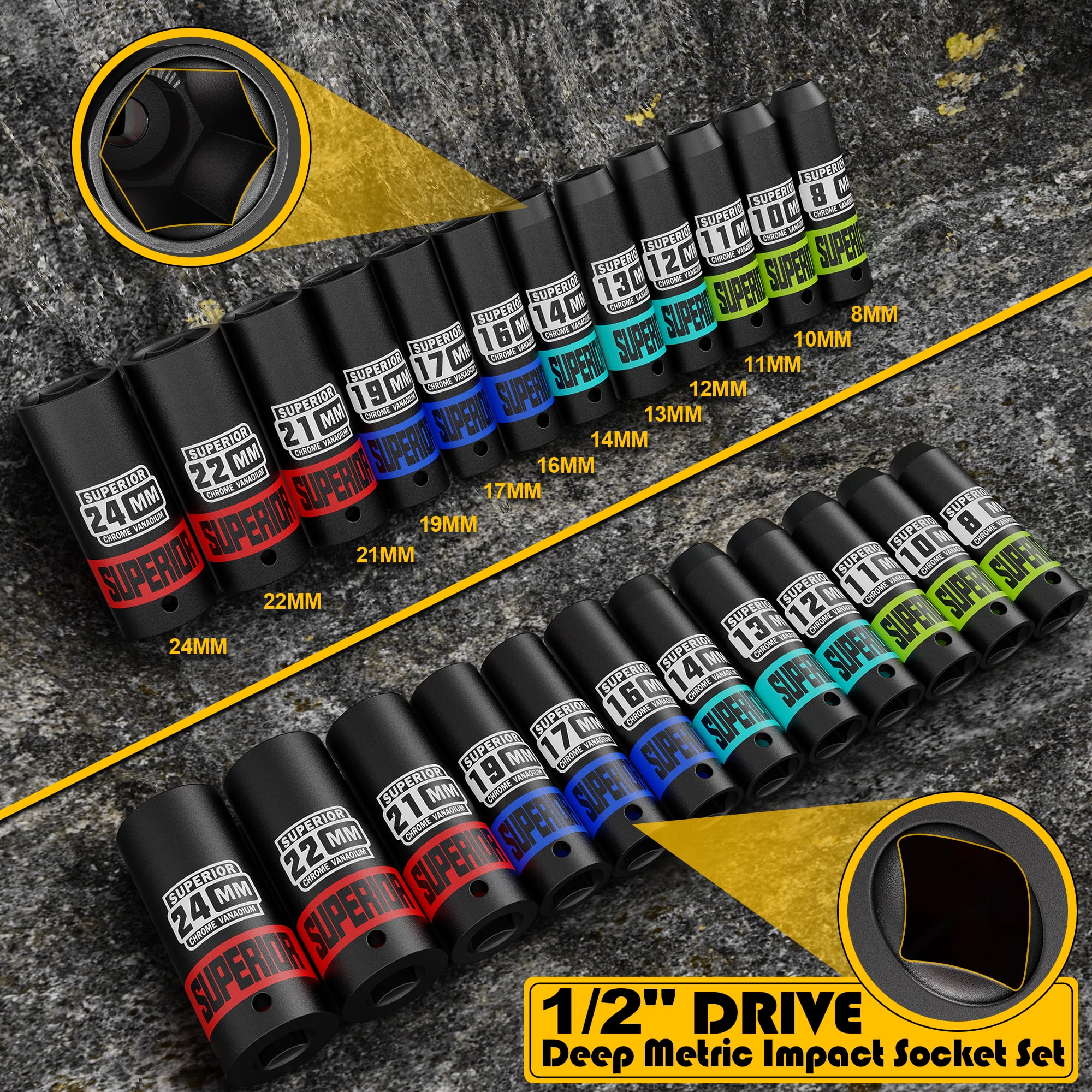 1/2" Drive Deep Impact Socket Set, Metric, CR-V Material, 6 Point, 8mm to 22mm 12pcs