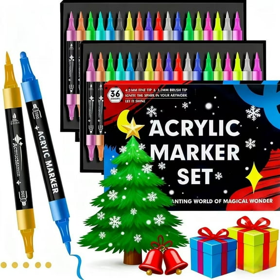 36 Count Acrylic Paint Markers Set with Dual Tip, Acrylic Paint Pens for Rock Painting, Ceramic, Wood, Canvas, Plastic, Glass, Stone, Calligraphy, Card Making, DIY Crafts