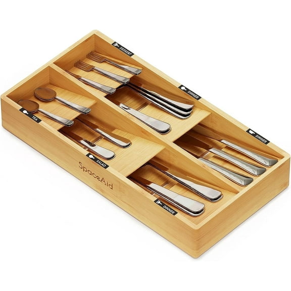 SpaceAid Bamboo Silverware Drawer Organizer with Labels, 15.6"L x 8"W x 2.4"H