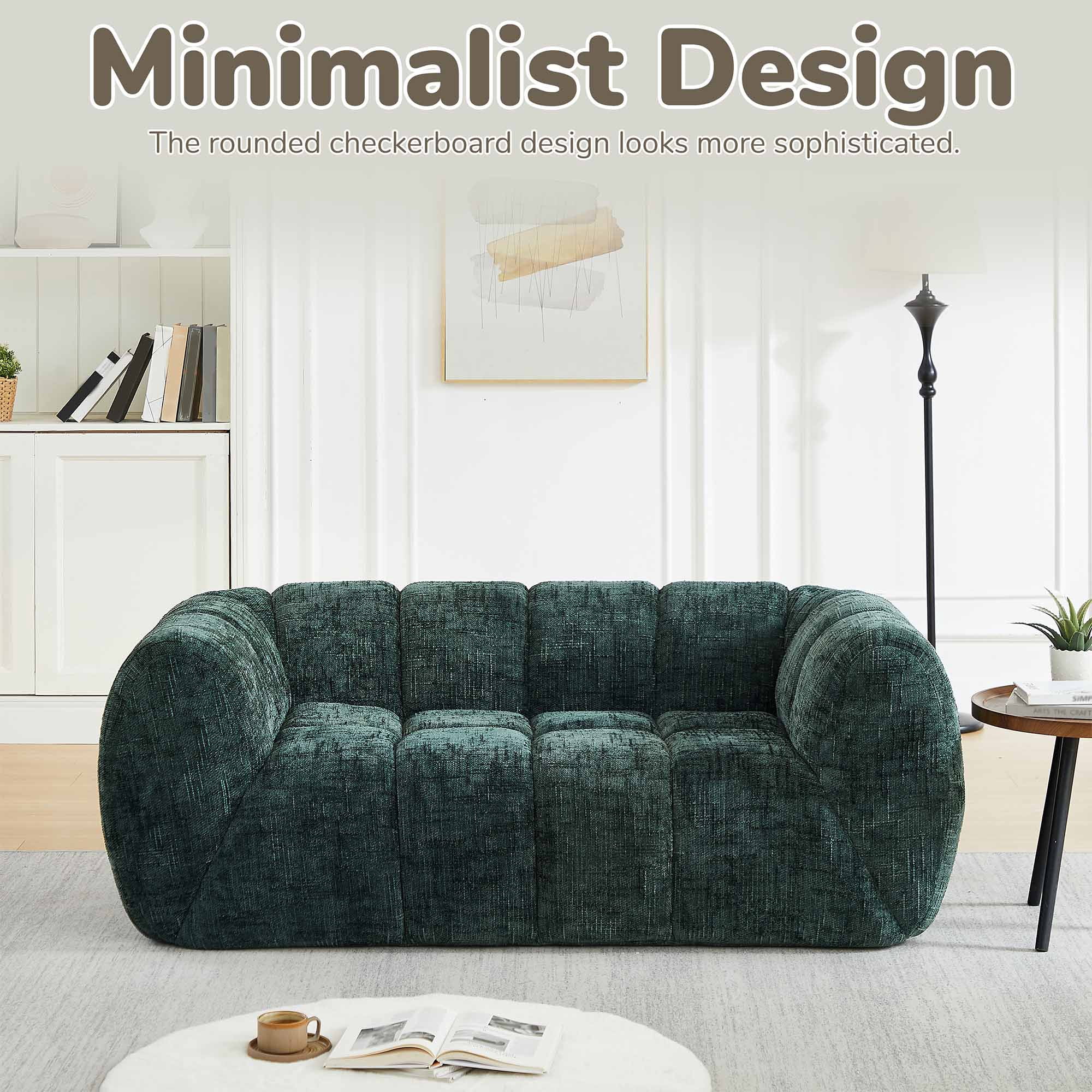Lunale Small Boneless Sofa, No Assembly Required, 2-Seater Cloud Couch for Living Room, Apartment, Green Chenille