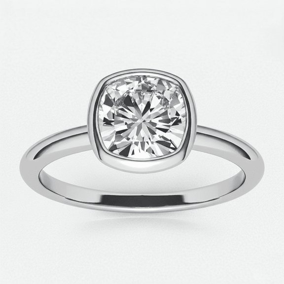 White Gold Plated Bezel Set Cushion Moissanite Solitaire Ring for Women by Auory