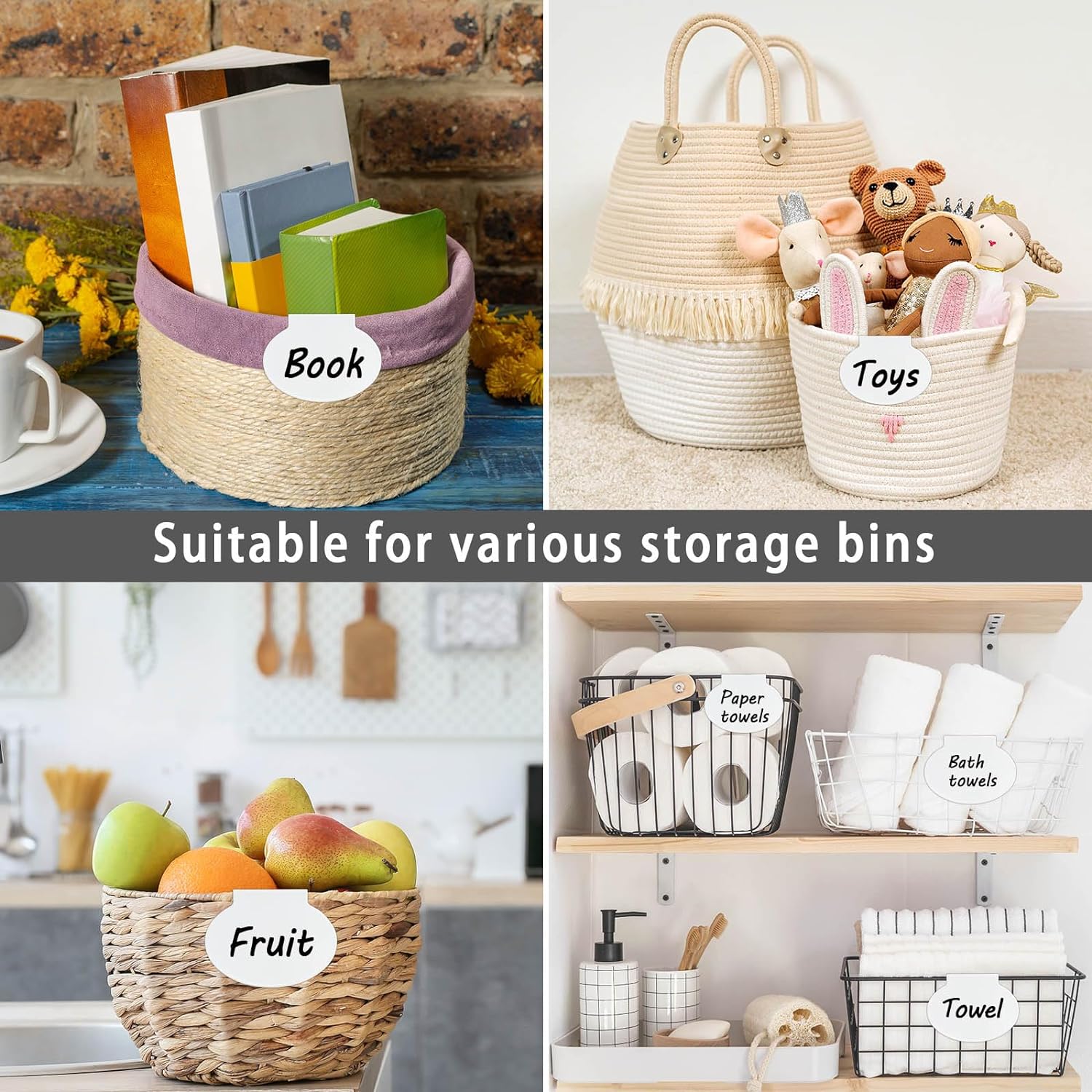 12 Pack Metal Basket Labels Clip On for Storage Bins, Basket Tags White Bin Tags, Removable Pantry Fabric Closet Box Container Holders Hanging Drawer Labels with Chalk Markers