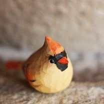 Female Cardinal Bird Wood Figurine - Miniature Handmade Red Art Carved Small Animals Collectible Memorial Gift Bird Garden Ornaments