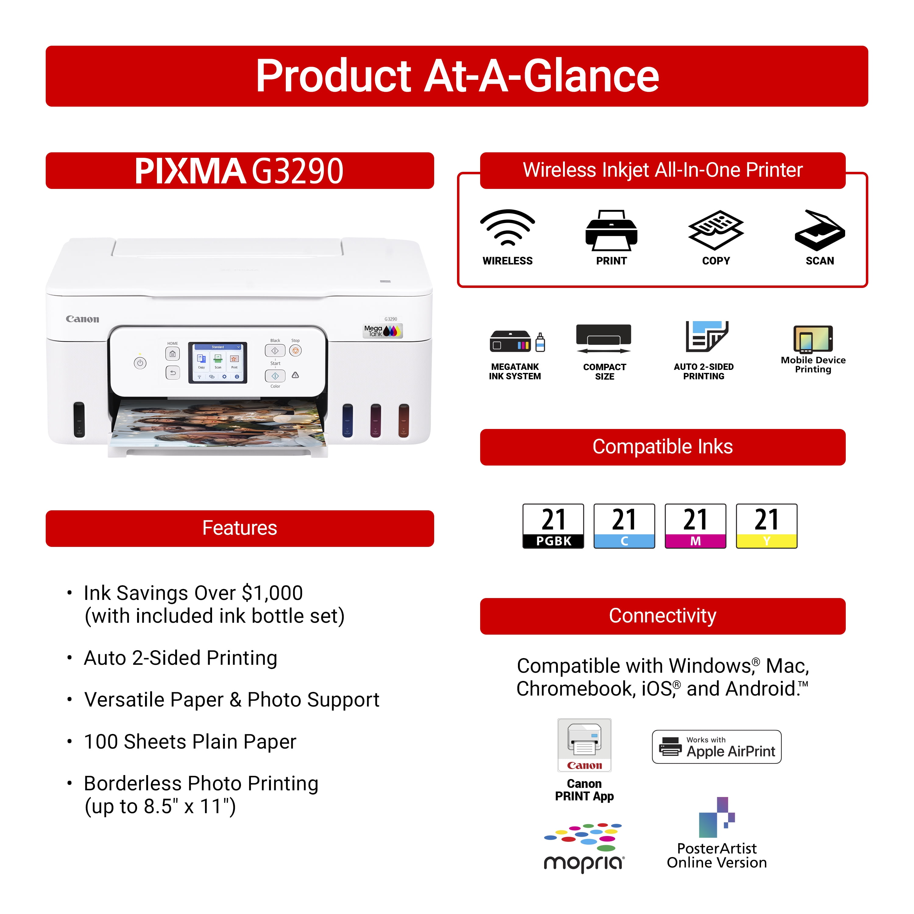 Canon MegaTank G3290 All-in-One Wireless Printer | Print, Copy Scan | Mobile Printing |2.7" Color Touchscreen | Duplex