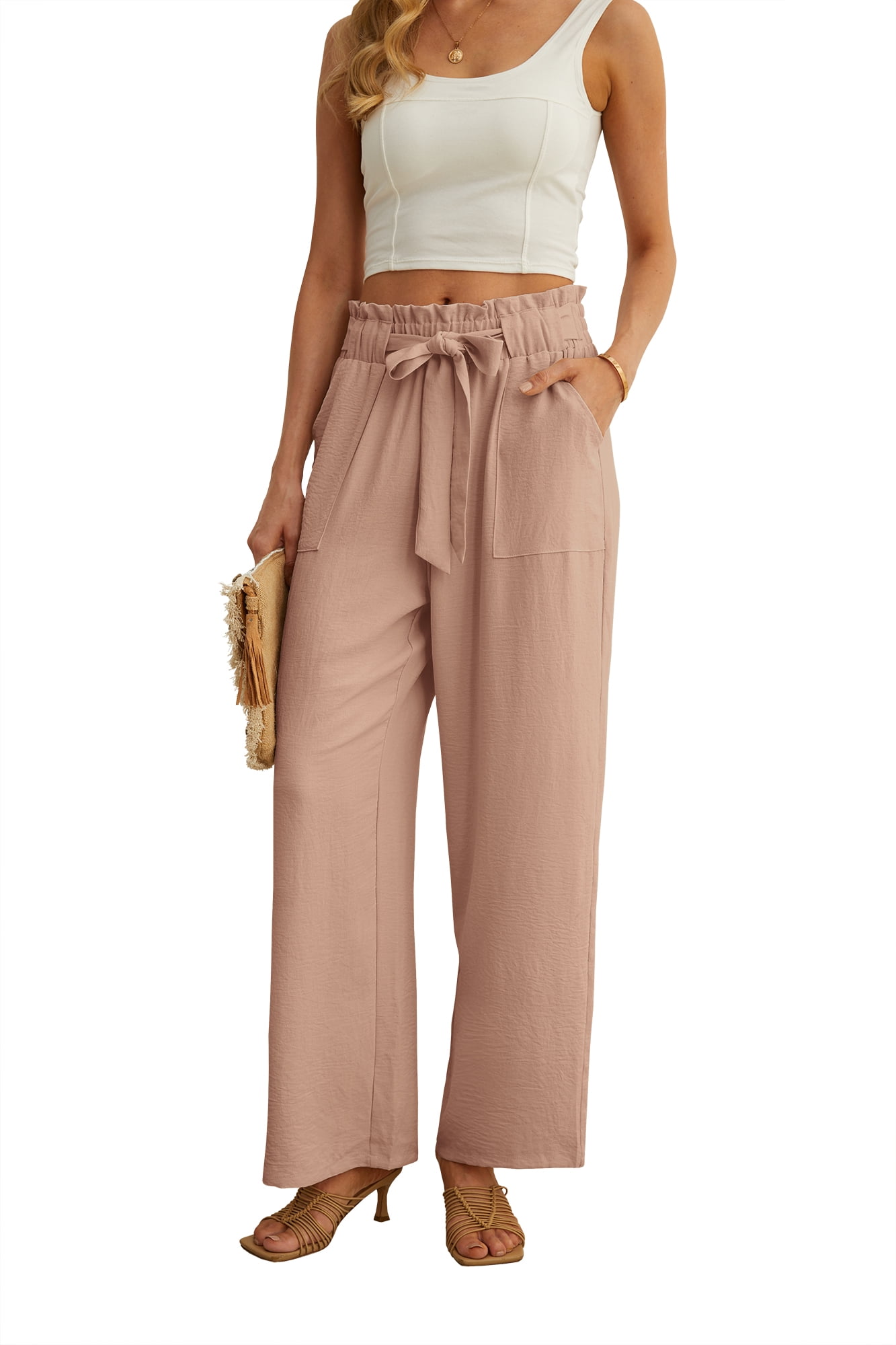 JWD Women's Wide Leg Pants With Pockets High Waist Adjustable Knot Loose  Casual Trousers Business Work Casual Pants Khaki XX-Large 