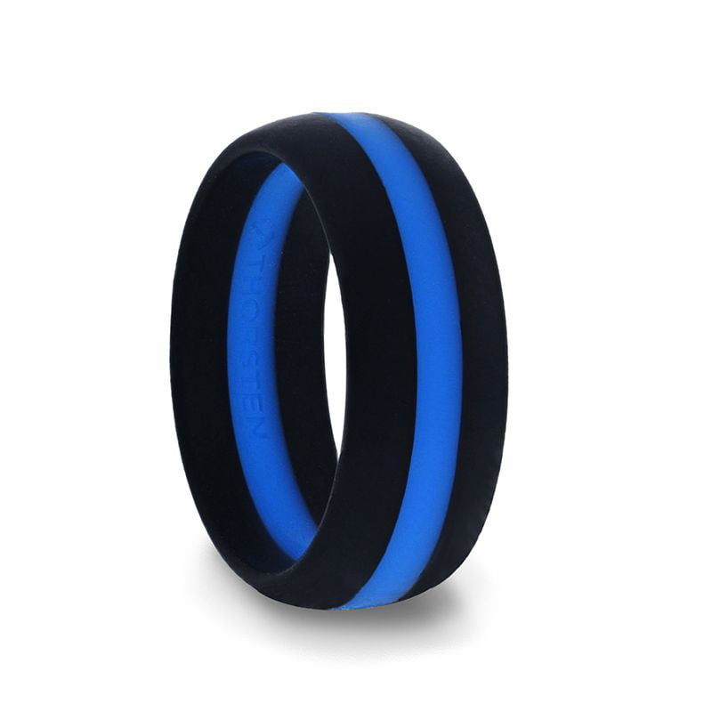 Matte Black Men's Silicone Ring Ring With Vibrant Blue Colored Inlay - 8mm