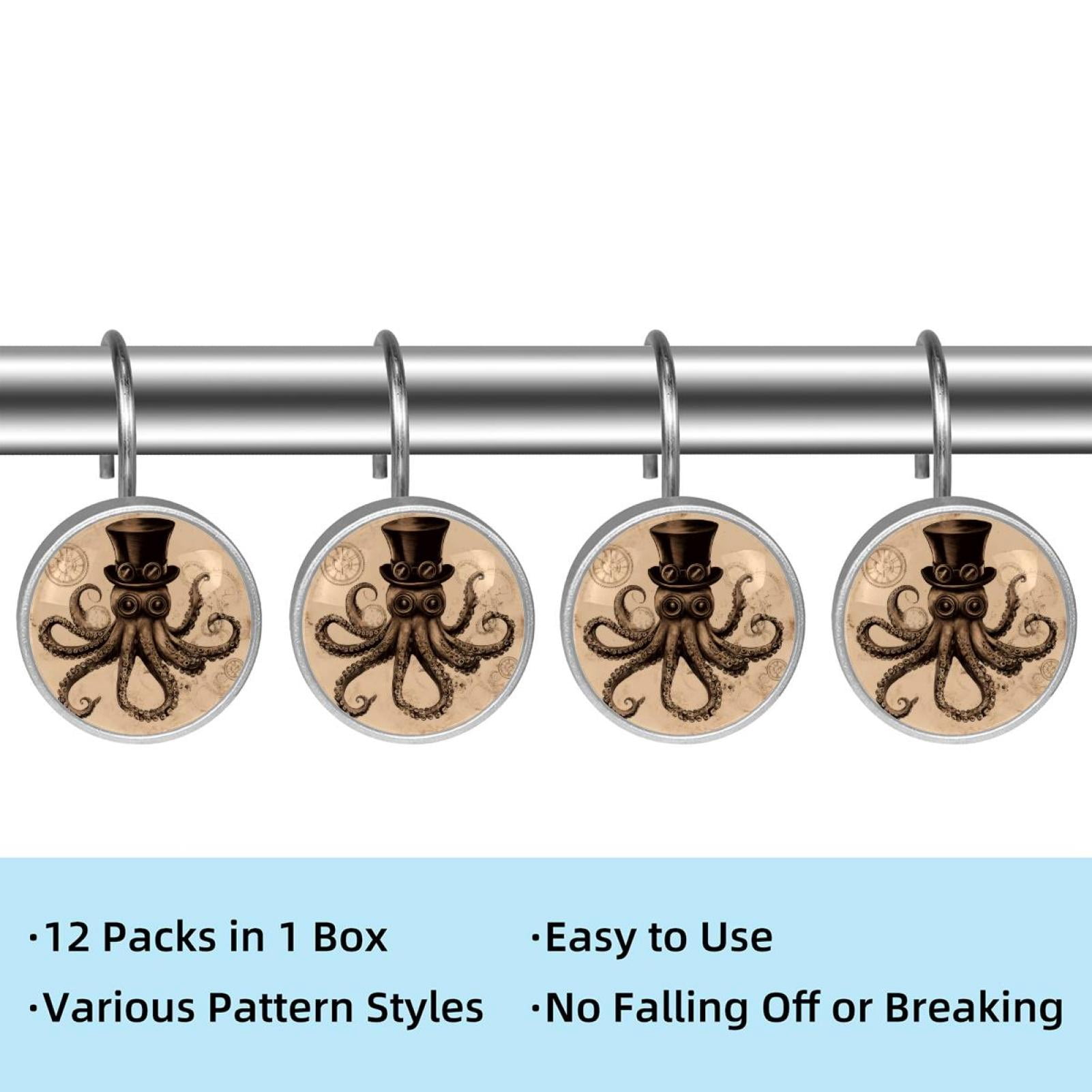 12pcs Decorative Shower Curtain Hooks, Rust Resistant Shower Rings for Bathroom Living Room,Rustproof Stainless Steel Rings for Shower Curtain and Liner Rods,Vintage Hat Octopus