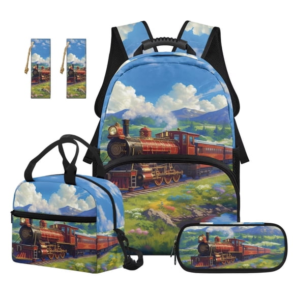 Yuyamidu Train School Backpack for Boys with Lunch Box 17 Inch Bookbag for High Middle Elementary School Girls Insulated Lunch Bag Kids Pencil Case Bookmarks, 5 Pieces