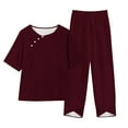 thumbnail image 3 of Scyoekwg Womens Casual 2 Piece Outfits Trendy Short Sleeve Button Round Neck Tops Jogger Pants Tracksuit Casual Sweatsuits Sets Loose Solid Color Outfits (Wine,S), 3 of 4