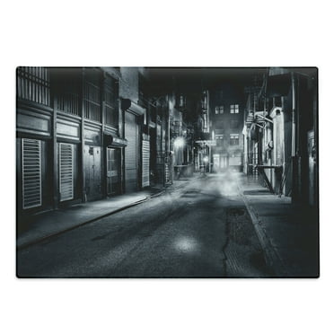 Night Cutting Board, Moody Monochrome View of Cortlandt Alley Chinatown New York City Dark Urban Scenery, Decorative Tempered Glass Cutting and Serving Board, Large Size, Black White, by Ambesonne
