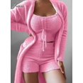 thumbnail image 3 of Joskaa-Pijama de terciopelo liso para mujer, conjunto de 3 piezas, abrigo de manga larga, camiseta sin mangas y pantalones cortos, ropa de casa de lana suave y cálida para Navidad, 3 of 4