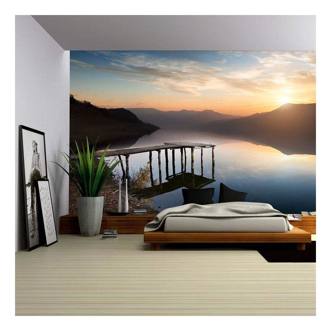 Wall26 Fishing Jetty on Mountain River at Sunset - Removable Wall Mural | Self-Adhesive Large ...