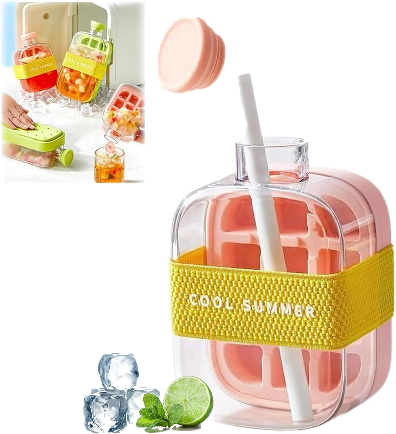 Ice Bottle Cup, 2 in 1 Zero Touch Press Ice Cube Mold Water Bottle with Lid and Bin, Ice Cube Bottle, Easy Press to Release Vertical Ice Cube Tray with Lid for Freezer (Pink, 500ML)