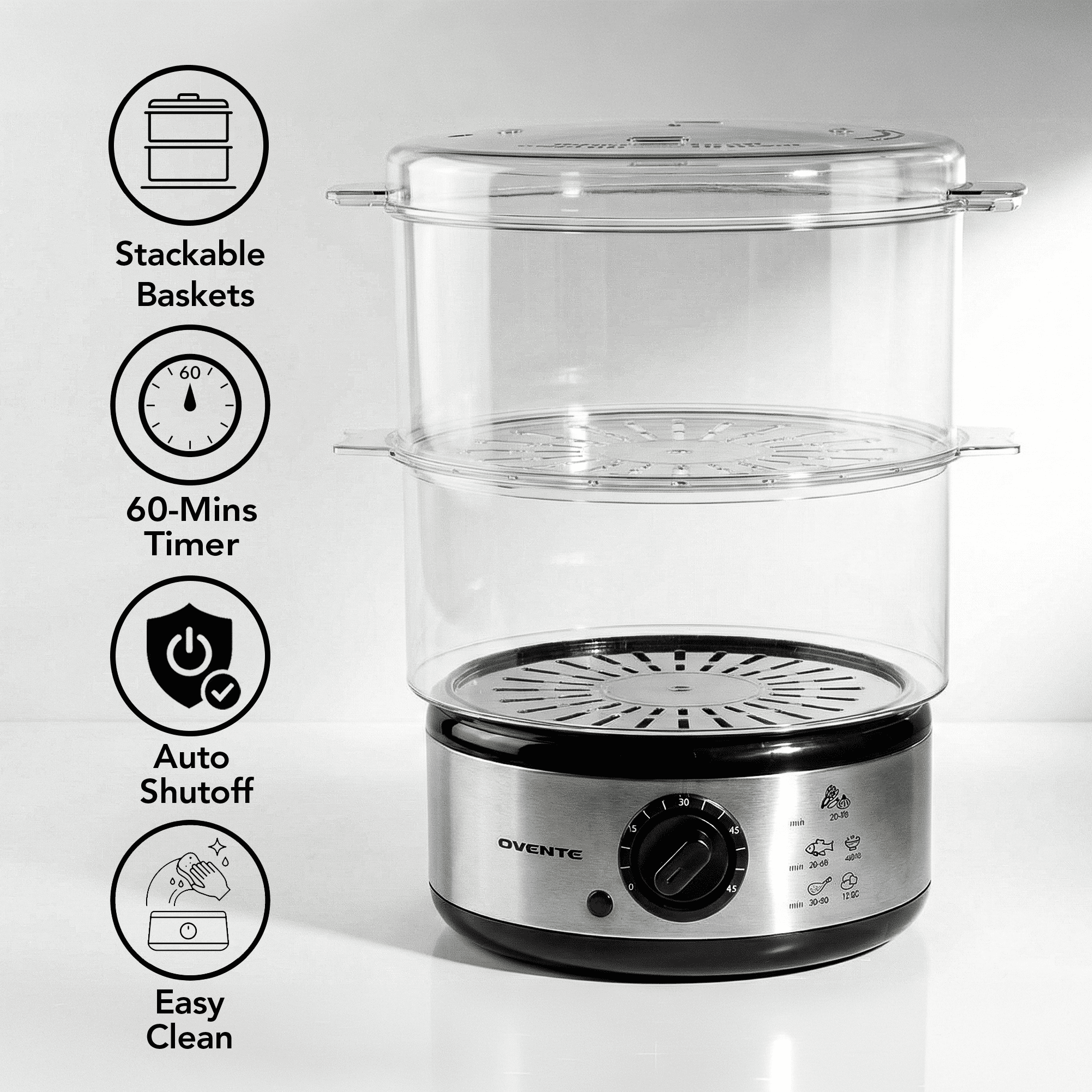 OVENTE 2-Tier Electric Food Steamer, 5 Quart Stainless Steel Stackable Steam Cooker with 400W Power, 60-Minute Timer & Auto Shut-Off, Dishwasher Safe, Healthy Vegetable & Seafood Steamer, Silver FS62