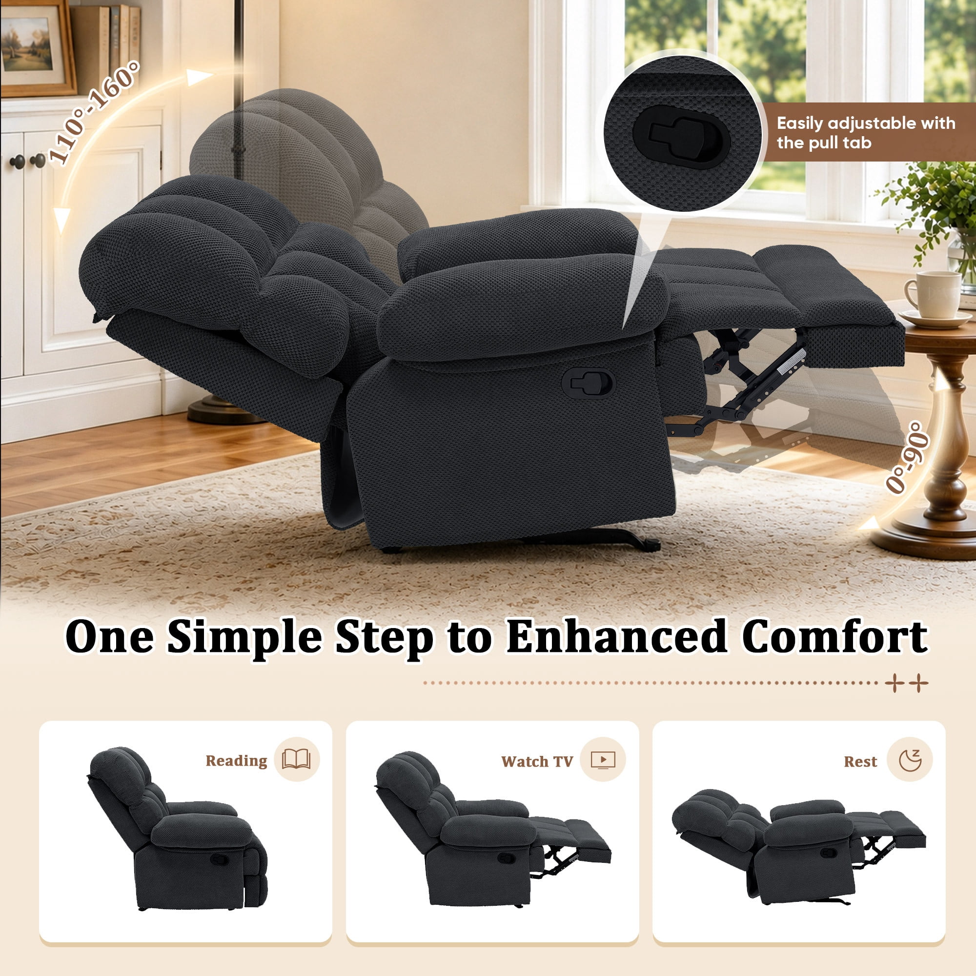 Lunale Manual Rocker Recliner for Home/Office, Adults Fabric Reclining Lounge Chair with Footrest, Gray Polyester