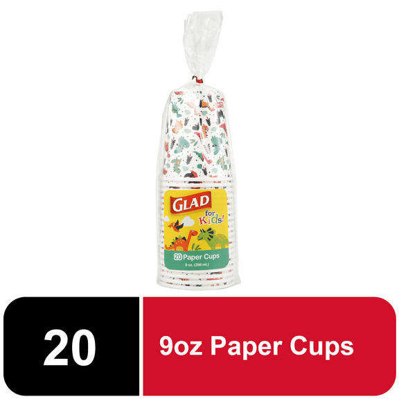 Glad for Kids Dinosaurs Disposable Paper Cups, 9 oz, 20 Count, Soak Proof, Kid Friendly