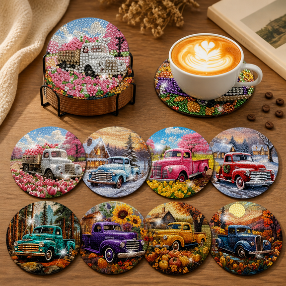 8‑Piece Diamond Art Coaster Kit with Holder – Seasonal Vehicle 5D Painting Craft Set for Adults, 4x4 Inch with Cork Backing and Accessories