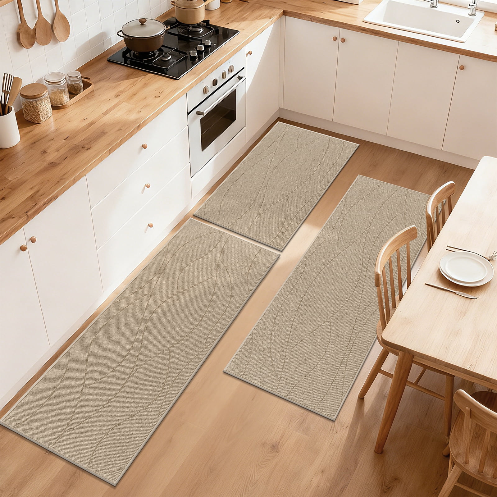 MeyJey Geometric Lines Kitchen Rugs Sets of 3, Non Slip Washable Kitchen Mats for Floor, Beige