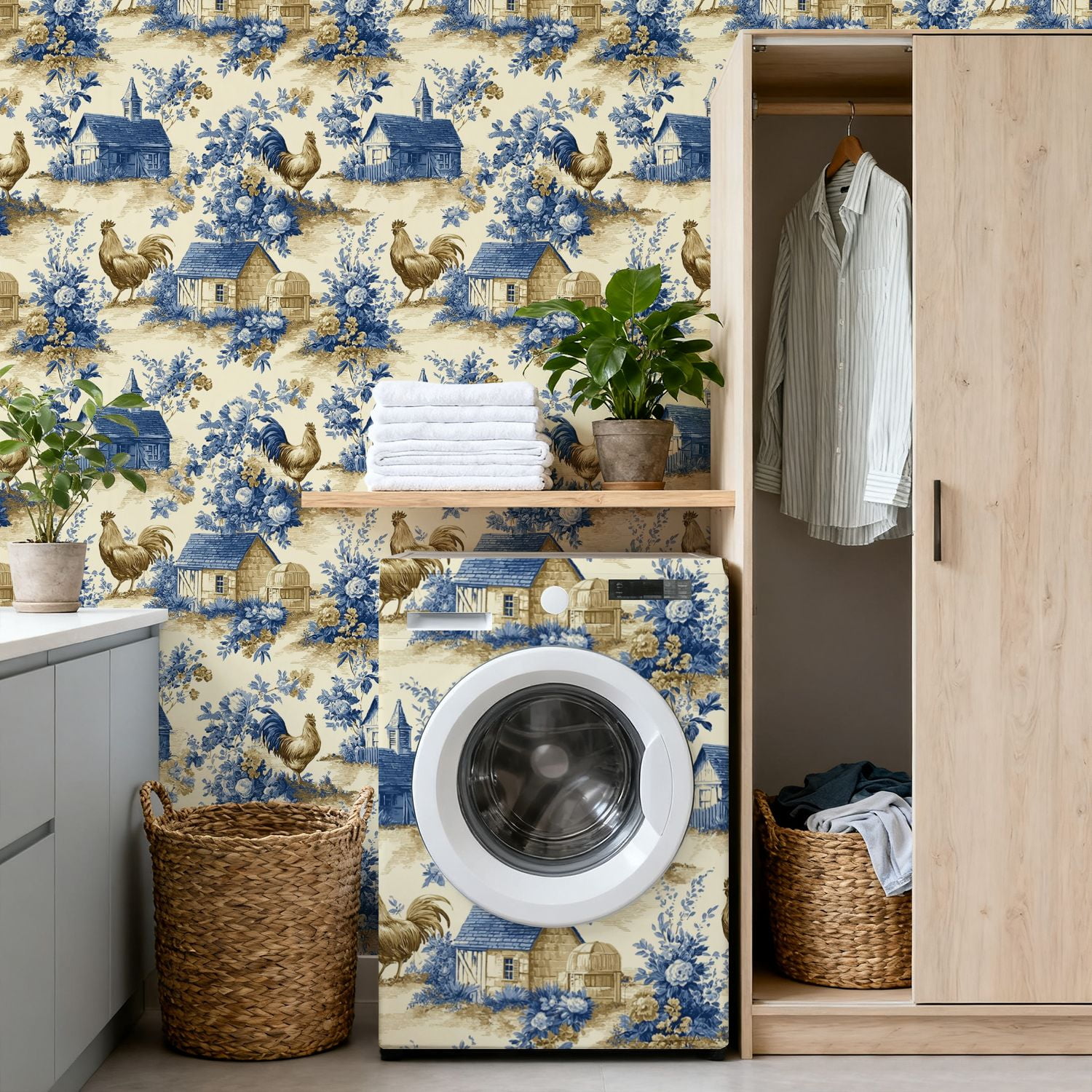 Peel and Stick Wallpaper 17.7in x 9.8ft Farmhouse Toile Roosters Cottages Blue Floral Motifs Contact Paper Vinyl Self-Adhesive Removable Wall Paper for Bedroom Kitchen Cabinet Renter Friendly