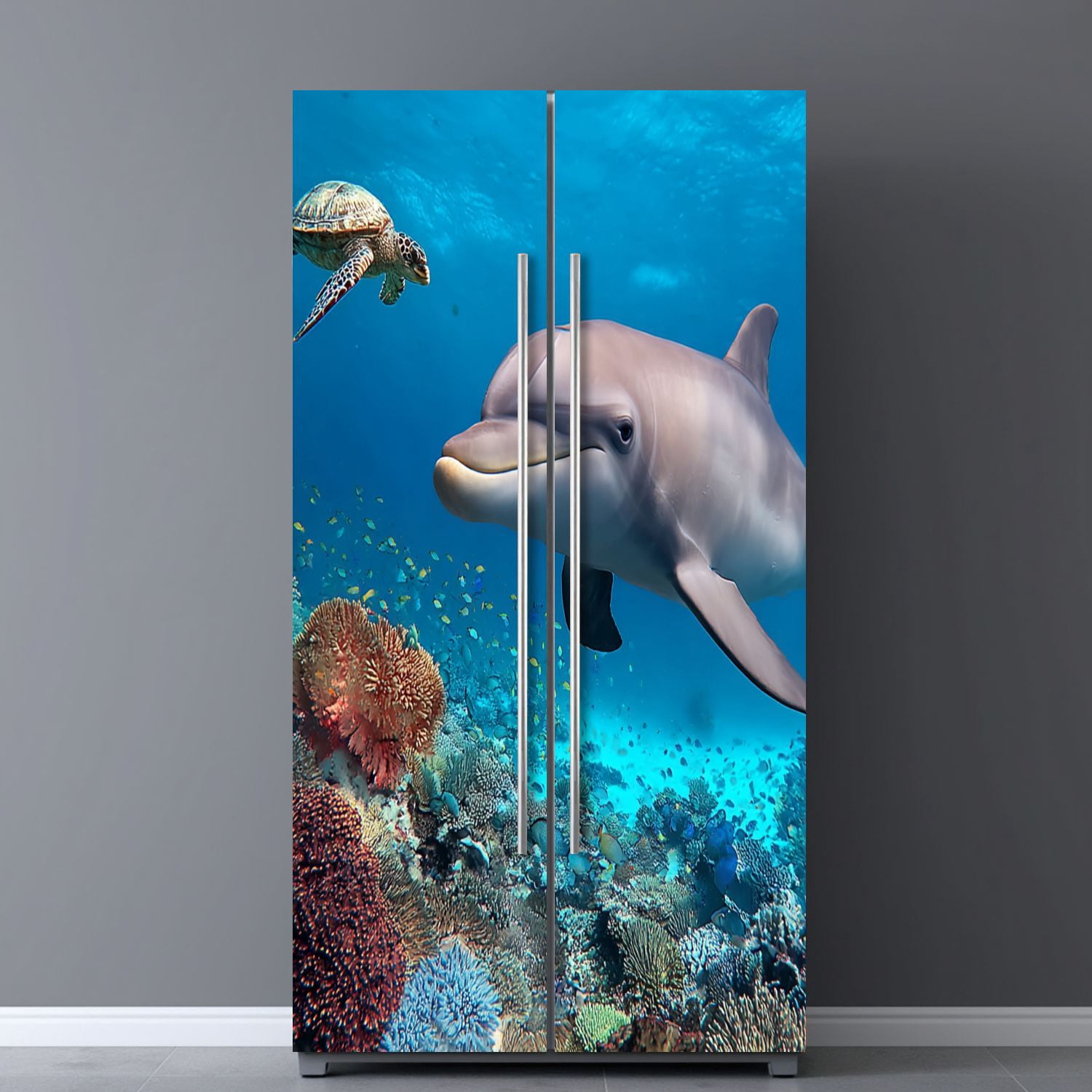 Self Adhesive Vinyl Refrigerator Wrap Set dolphin turtle underwater Door Mural Removable Fridge Sticker Peel and Stick&nbsp;Full Door Cover Decal Kitchen Bar Decor