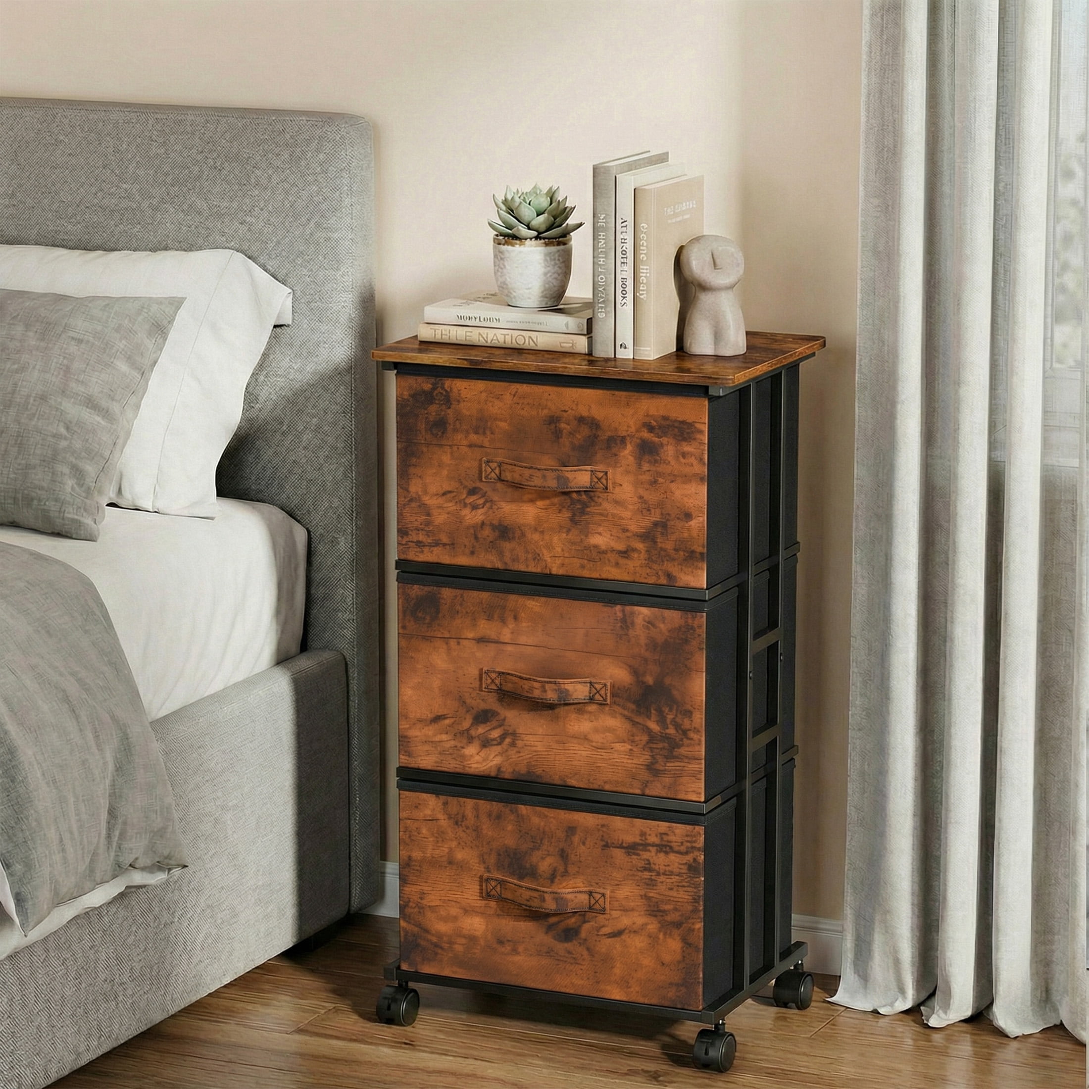 CONCETTA Dresser Storage with 3 Drawers, Storage with Wheels for Bedroom, Home Office, Rust Brown