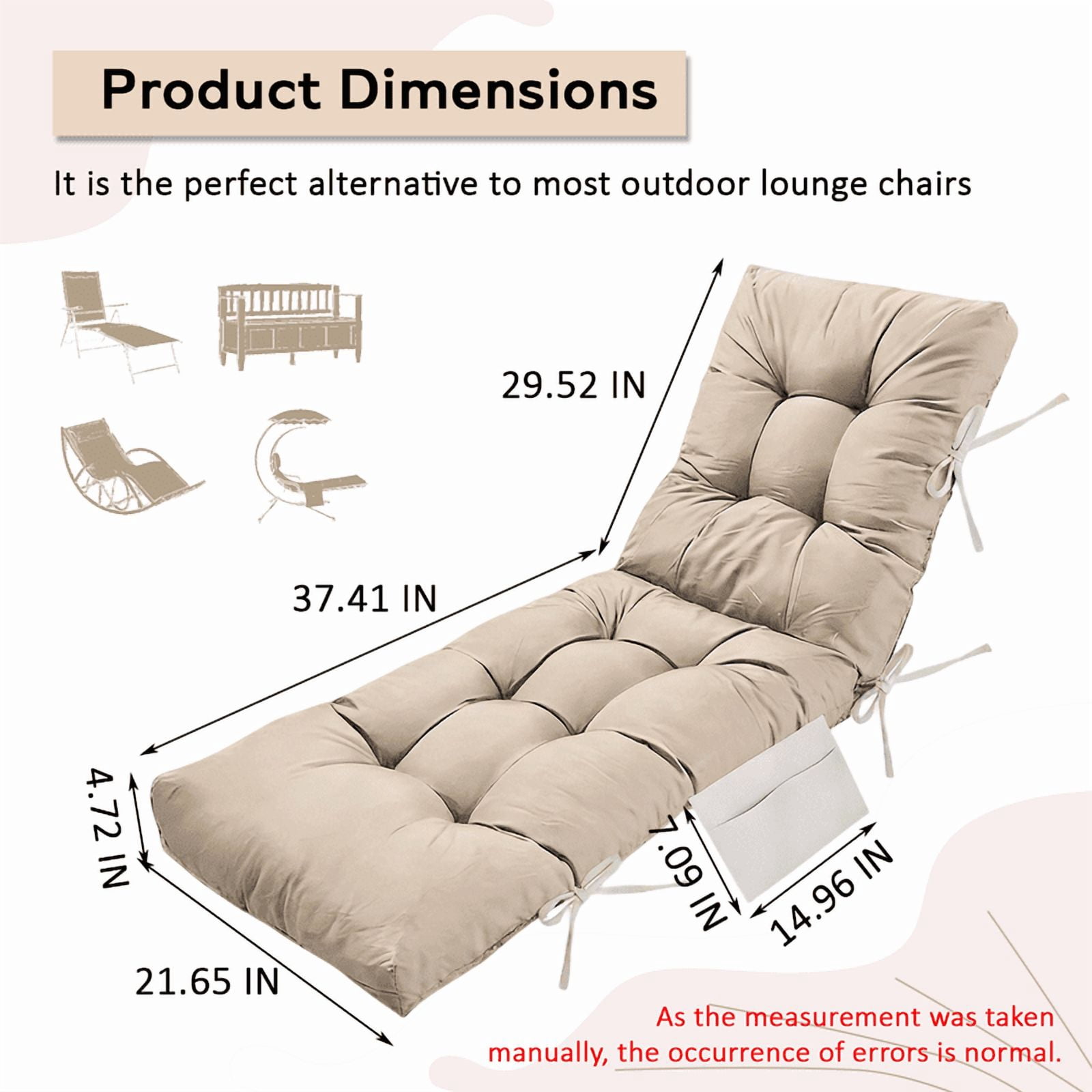 PUKNLY Chaise Lounge Chair Cushion Outdoor, 67*22*4 in Thickened Leisure Lounge Deck Chair Cushion, Waterproof & Fade-Proof Patio Pool Sun Lounger Pad with Straps, Bag, for Pool, Beach, Balcony