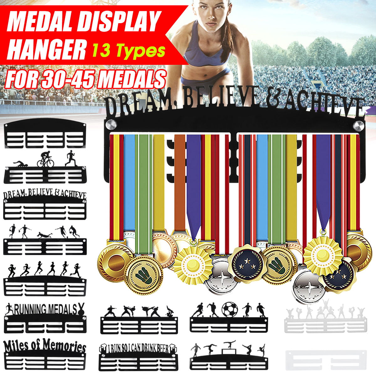 3Tier 5mm Acrylic Personalised Medal Hanger/Holder/Rack DREAM BELIEVE & ACHIEVE 
