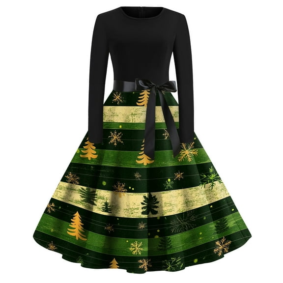 Women's Fashion Round Neck Casual Slim Fit Christmas Print Large Swing Long Sleeve Dress for Holiday and Everyday Fashion, Perfect for Women's Casual Wardrobe,Army Green,S