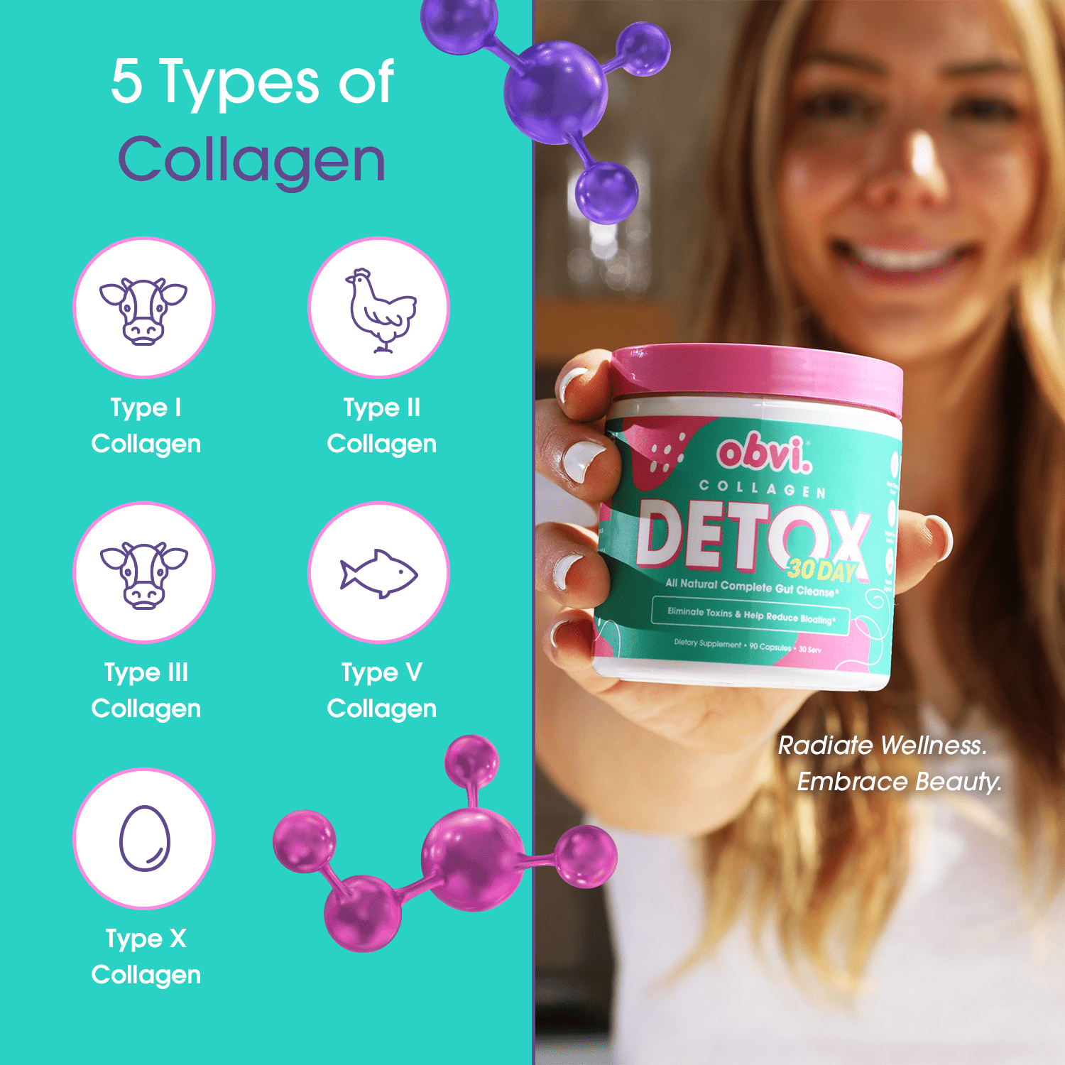 Obvi 30 Day Collagen Detox, All Natural Complete Gut Cleanse, 90 Capsules (30 Servings)