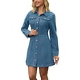 thumbnail image 2 of INSPIRE CHIC Women's Jean Dresses Button Up Collar Long Sleeve Pockets A Line Knee Length Denim Dress S Blue, 2 of 6
