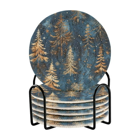 

Qxltty Gold Pine Trees Drink Coasters with Holder 6pcs Handmade Woven Simple Vintage Saucer Set