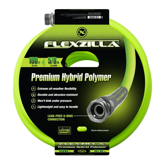 Flexzilla® Garden Hose, 5/8" x 100', 3/4" - 11 1/2 GHT Fittings, Flexible Hybrid Polymer, ZillaGreen®