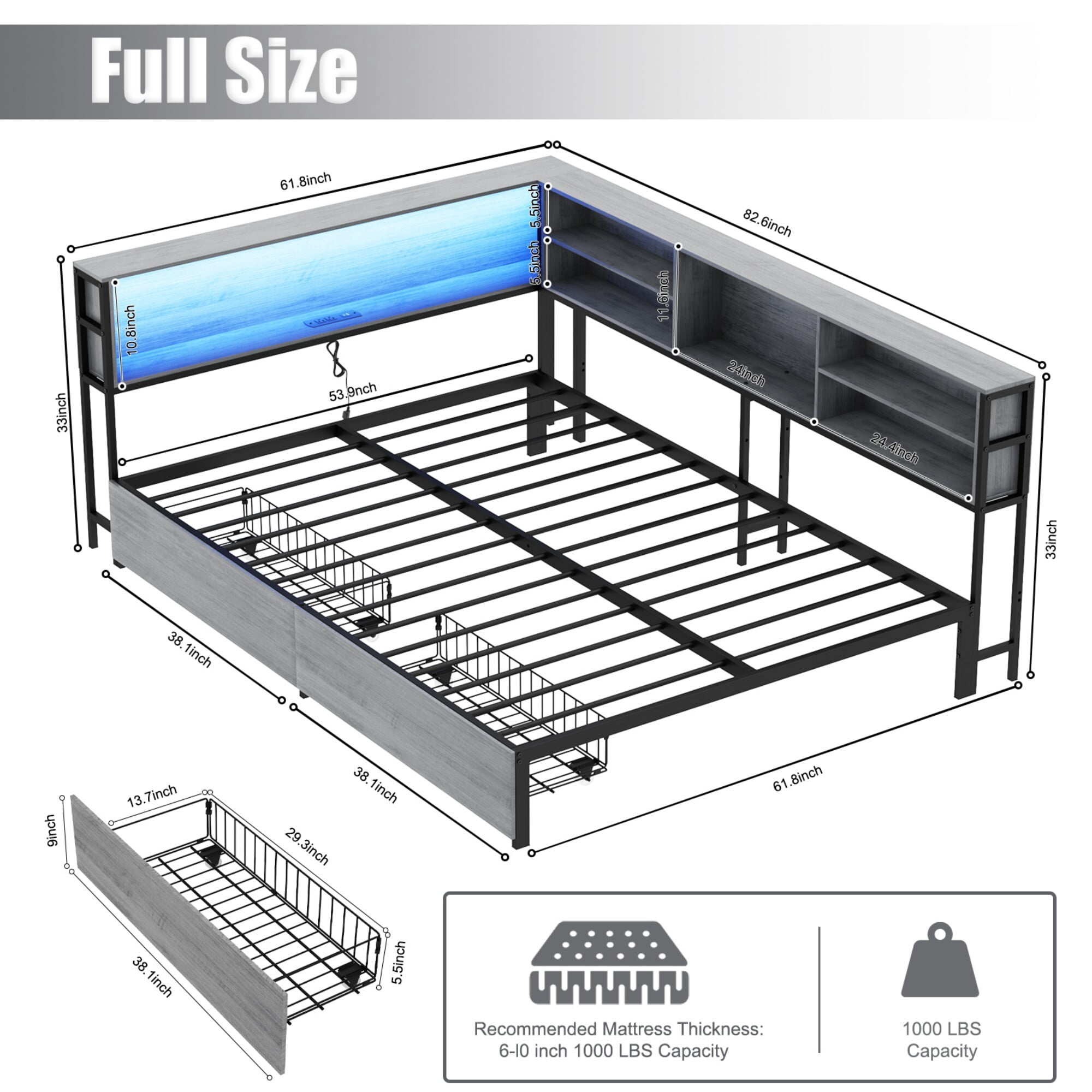 AENKYO Full Size Corner Daybed Frame with 2 Drawers, Bookcase Headboard, Charging Station, and Smart LED Lights, Gray