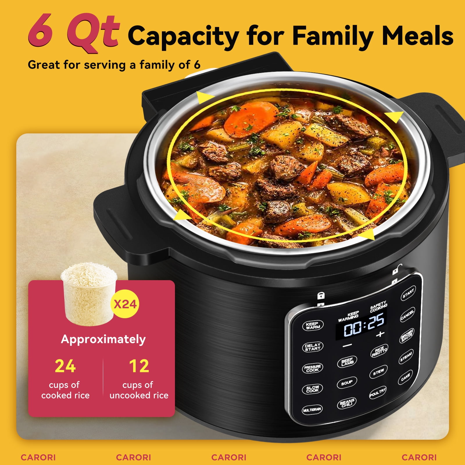 CARORI 9-in-1 Electric Pressure Cooker 6 Quart Black, Stainless Steel Pot, 12 Preset Functions with Touchscreen, Safe Steam Release, Stew, Slow Cook, Rice, Sauté, Warmer