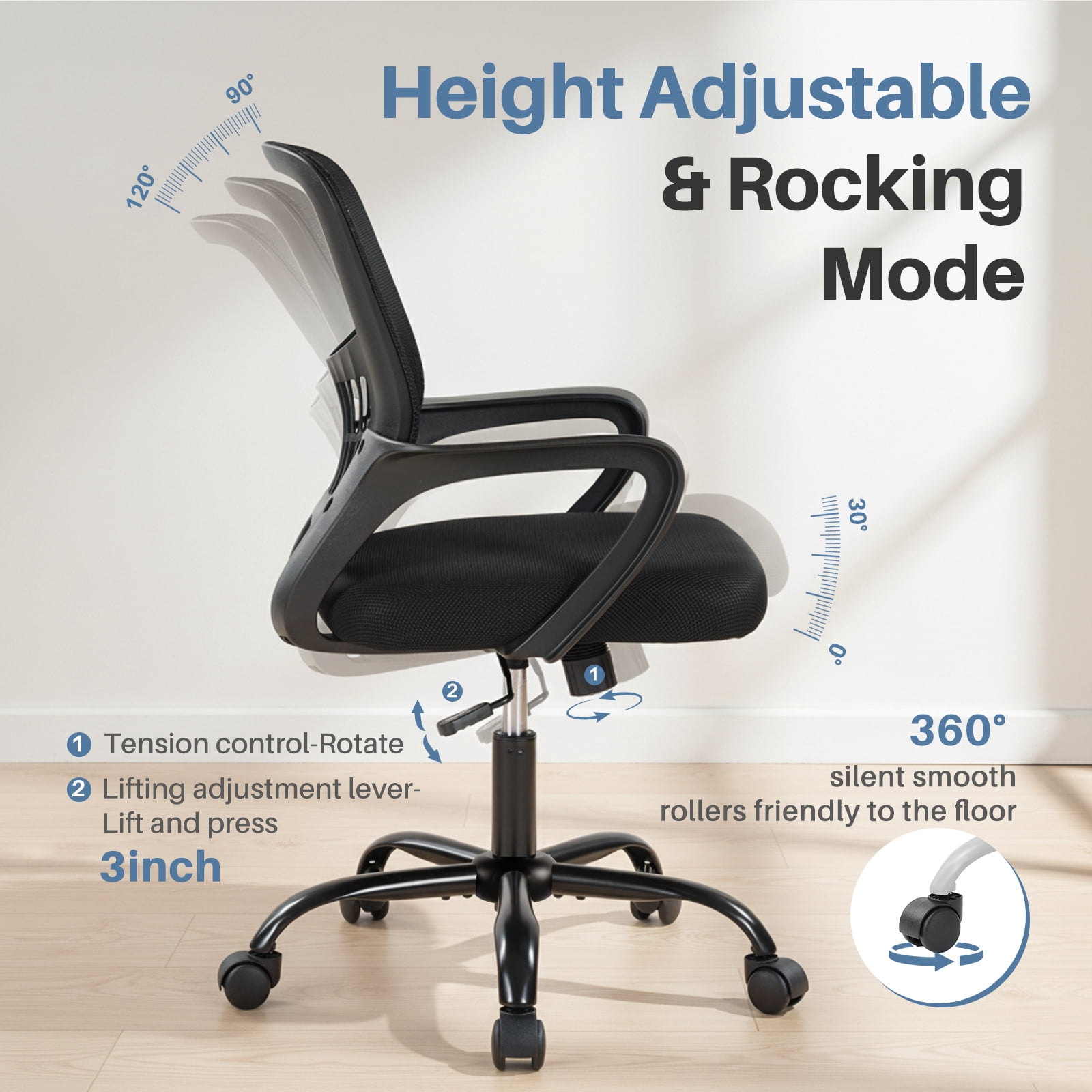 Adjustable Rotating Computer Chair with Lumbar Support and Armrests